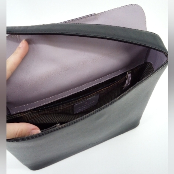 Franklin Covey Full Grain Leather Black Shoulder Bag Lavender Closure Gingham - Picture 4 of 16